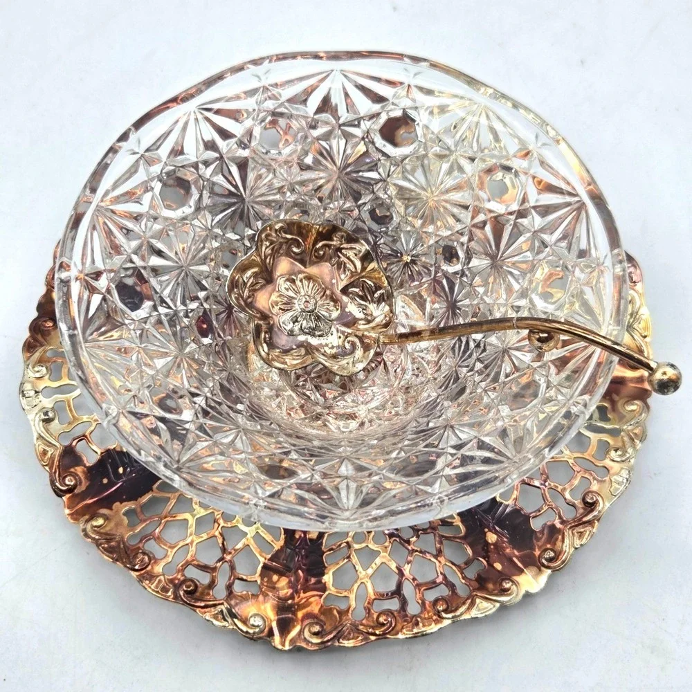 Queen‎ Anne Royal Party Dish w/Spoon Glass Bowl Gold Color Silver Plated England